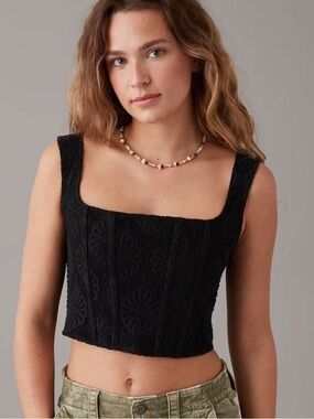 American Eagle Outfitters Black Cropped Square-Neck Lace Tank